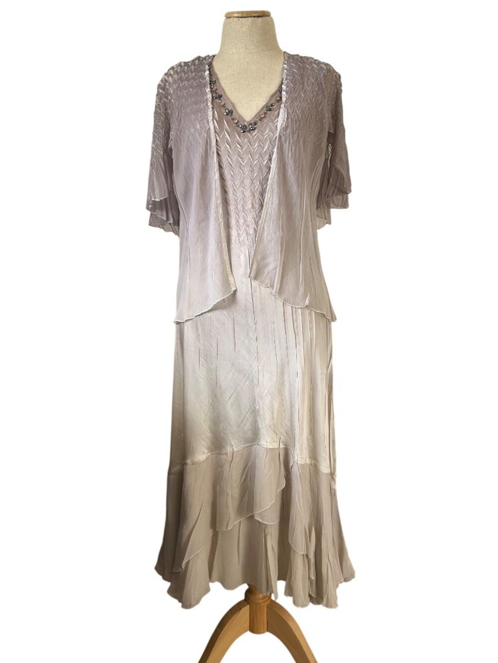 Komarov Womens Sz M Beaded Tiered Maxi Dress & Sheer Shrug Set In Taupe